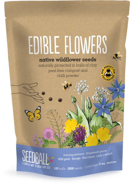 Package of Seedball Edible Flowers with illustrations of flowers and insects on a white background
