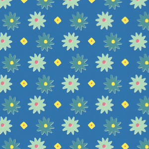 Pattern of green floral shapes with yellow accents on a blue background