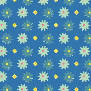 Pattern of green floral shapes with yellow accents on a blue background