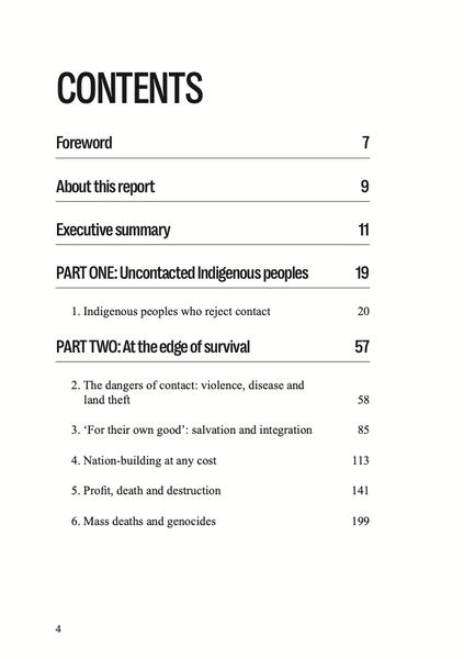 Table of contents for a report on uncontacted Indigenous peoples with chapter headings and page numbers.